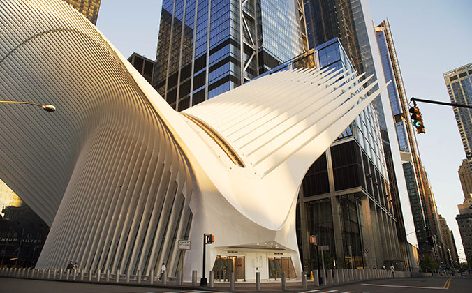 The exterior of the Oculus with 3 and 4 World Trade Center in the background 