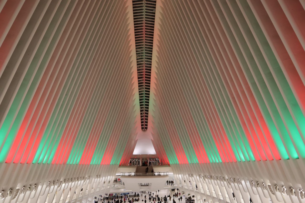 holiday green and red lights in the Oculus