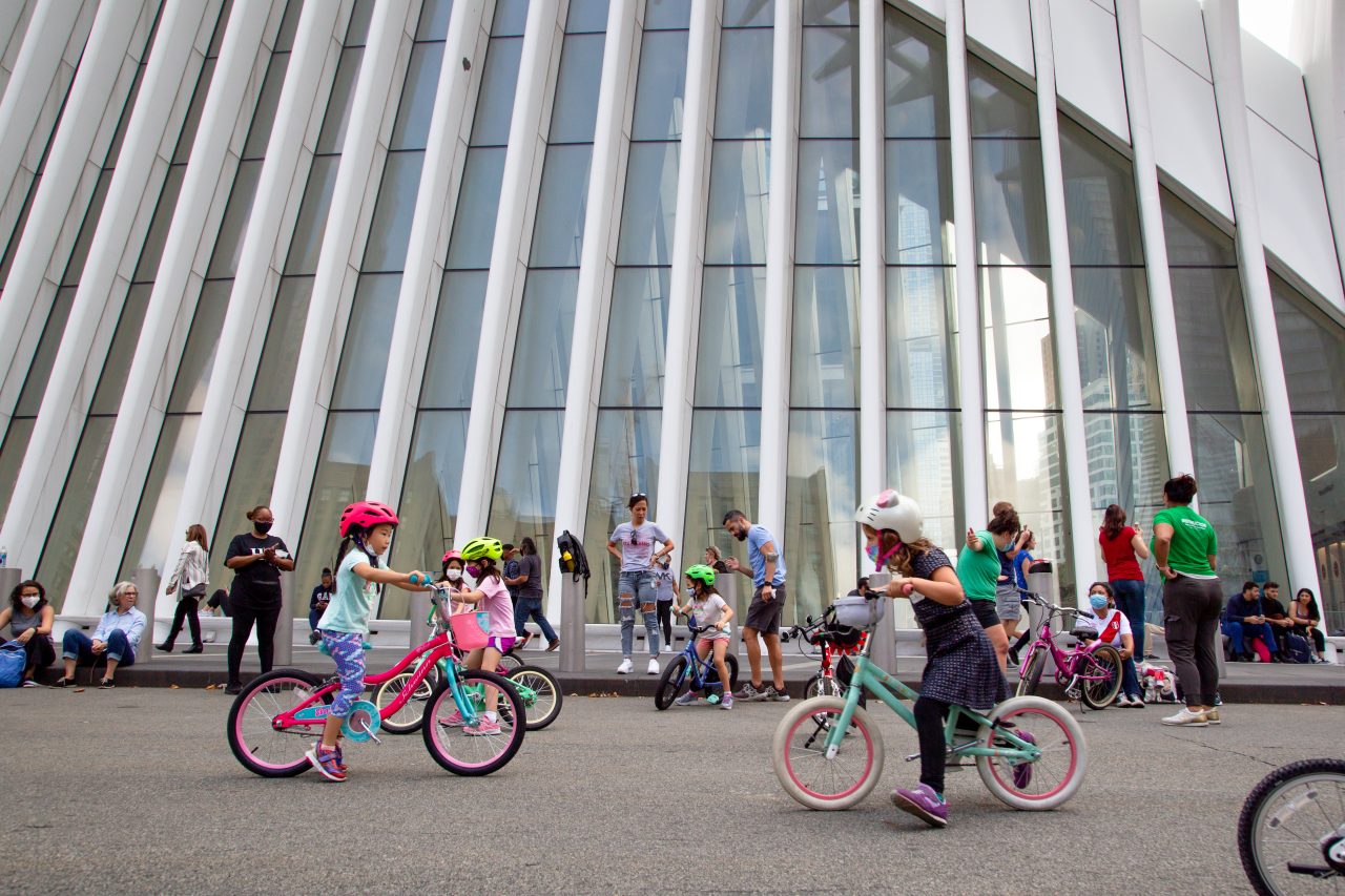 Kids taking bike education class on WTC campus.