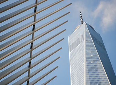 One World Trade Center from the ground with glimpse of the Oculus.