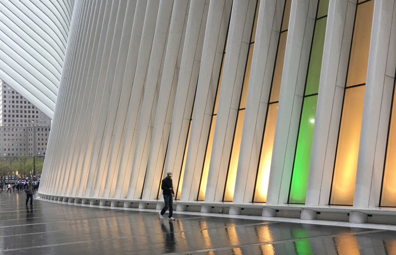An exterior shot of the Oculus at the World Trade Center showcasing new LED lights